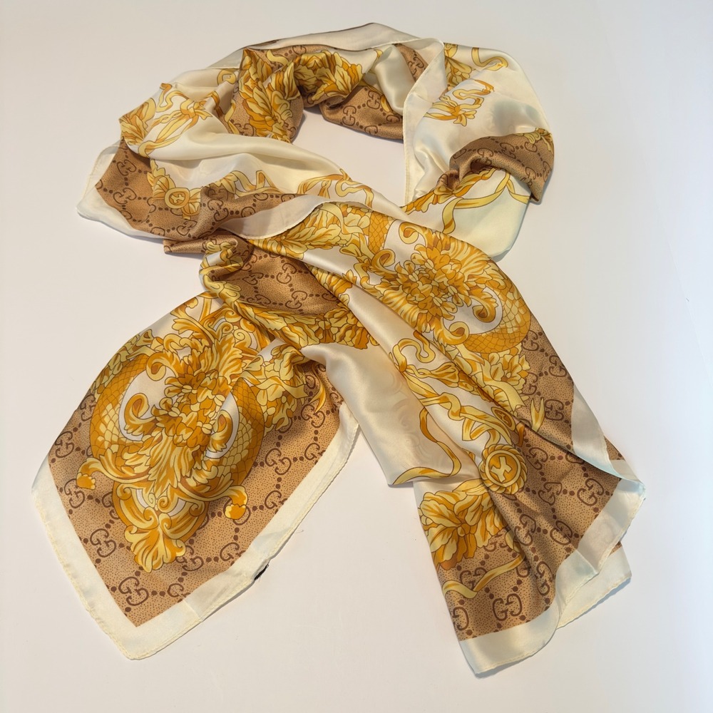 Scarf Cream Gold Baroque Silk Head Scarf Vintage OS Luxury Wrap 70x35 Chic